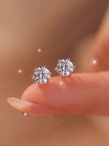 ESBERRY 1 Pair S925 Sterling Silver Exquisite Moissanite Round Stud Earrings, Luxury Jewelry, Gift For Women, Cubic Zirconia Bridal Jewelry, Diamond Earrings - Six-claw Round Diamond Earrings - View 6