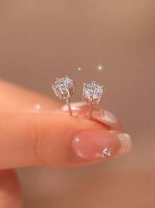 ESBERRY 1 Pair S925 Sterling Silver Exquisite Moissanite Round Stud Earrings, Luxury Jewelry, Gift For Women, Cubic Zirconia Bridal Jewelry, Diamond Earrings - Six-claw Round Diamond Earrings - View 4