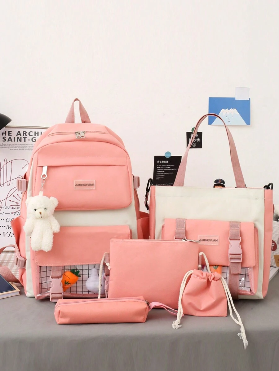 5pcs Kids Fashion Versatile Campus Big Capacity Backpack Set (Accessories Randomly Included) - Pink - View 1