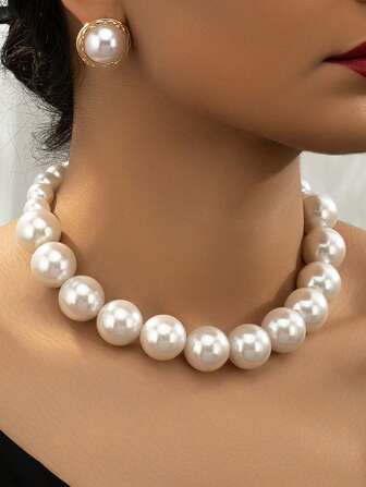 1pc Fashionable Beaded Necklace And 1pair Elegant Faux Pearl Inlaid Women's Earrings Women's Jewelry Set, Resort Style, Suitable For Daily Wear, Parties, Gifts