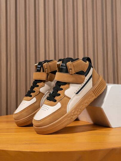 1pair Kids' High Top Sneakers, Pu Leather Surface, Indoor/Outdoor Casual Running Shoes, Slip-On, Lightweight, Breathable, Non-Slip, Comfortable, College Style Shoes For Boys And Girls