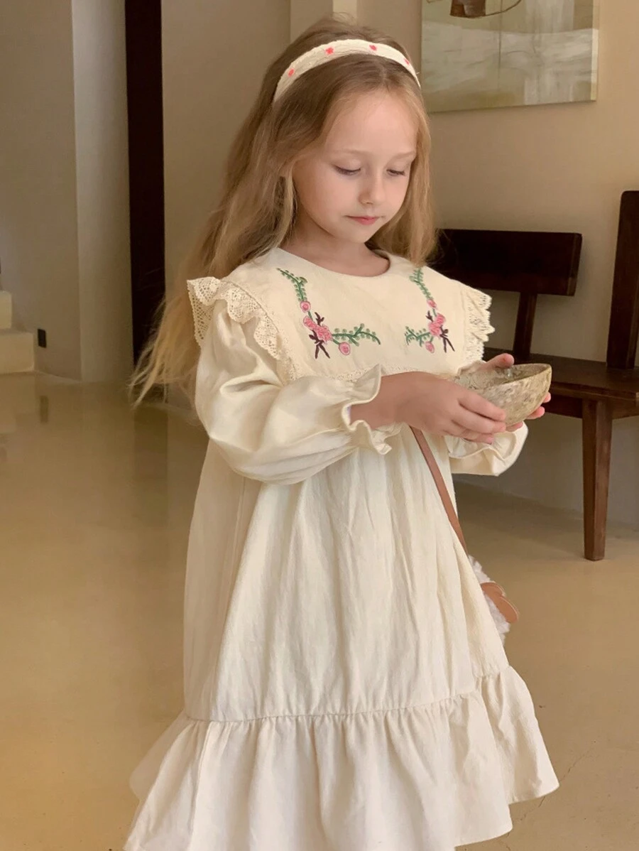 1 pièce Robe de princesse à manches longues et ourlet à volants brodés de fleurs pour jeune fille pour l'automne