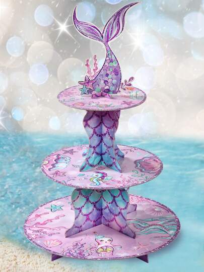 2set Purple Mermaid Cake Holder Cake Stand, Mermaid Theme Party Decorations, Birthday Holiday Event Party Cake Decoration Supplies Cake Topper, Kitchen Cake Cooking Decorations, Cake Stand Multi-Layered Cake Tray, Kitchen DIY Cake Cooking Decorations, Food Tray Back To School Valentine Day