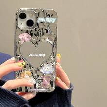 電鍍百褶鏡面愛心動物手機殼/頸帶，適用於iPhone 15 Pro Max/11/13/12 Pro Max/14 Pro Max - 彩色 - 查看 6