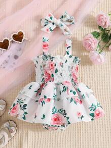 Baby Girl Spring/Summer Floral Print Sleeveless Spaghetti Strap Triangle Bodysuit Crawling Clothes And Headband 2pcs Set