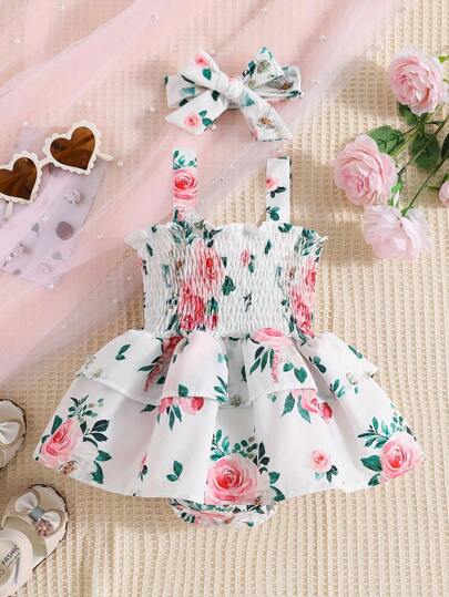 Baby Girl Spring/Summer Floral Print Sleeveless Spaghetti Strap Triangle Bodysuit Crawling Clothes And Headband 2pcs Set