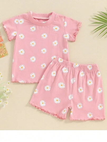 幼兒女童夏季服裝,花朵棉質套裝嬰兒短裝