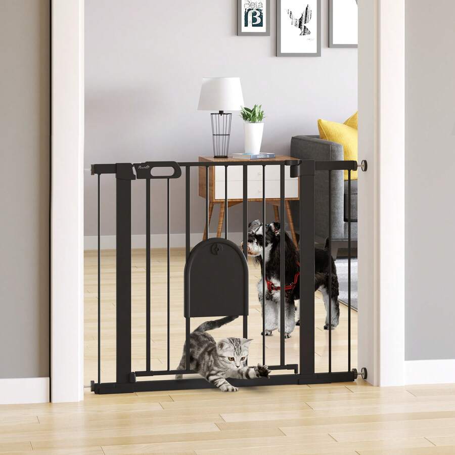 PawHut Dog Gate With Cat Flap Pet Safety Gate Barrier, Stair Pressure