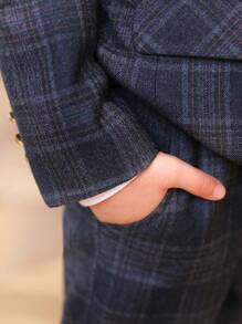 4 件套小男孩西装套装：格子外套、背心、裤子、领结，适合婚礼、节日、生日派对场合