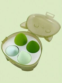 Set Of 4 Makeup Sponges, Includes Cat-Shaped Case, 4 Colors Available. - Green - View 1