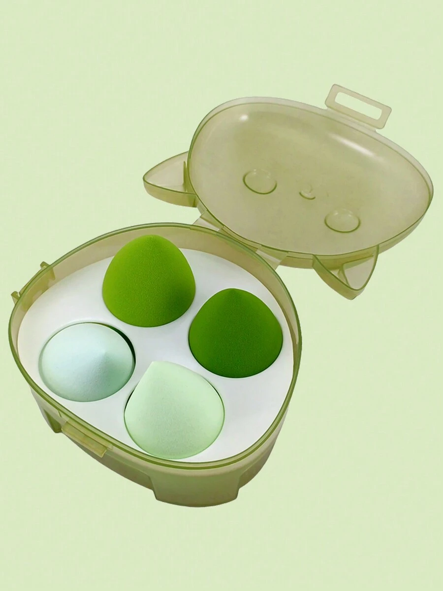 Set Of 4 Makeup Sponges, Includes Cat-Shaped Case, 4 Colors Available. - Green - View 1