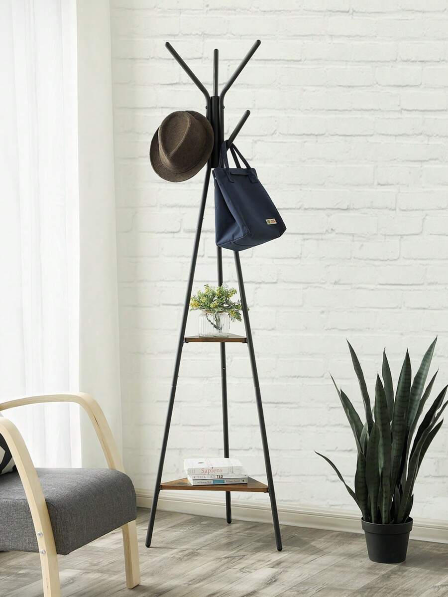 VASAGLE Portemanteau sur Pieds, Portant, Meuble d'Entrée, Style Industriel, avec 2 Étagères, pour Vêtements, Chapeaux, Sacs, Marron Rustique et Noir - Marron - Voir 1