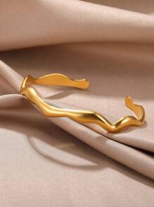 1 件时尚金色不锈钢波浪开口袖口手链，纹理几何宽手镯，适合女士，派对/节日珠宝礼物 - 金黃色 - 查看 12