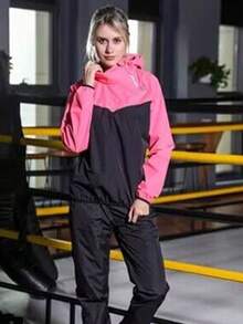 女士專業運動出汗套裝,連帽桑拿套裝,短袖上衣和褲子的跑步健身套裝 - 粉色 - 查看 4