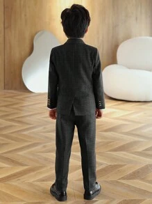 4 件套小男孩西装套装：格子外套、背心、裤子、领结，适合婚礼、节日、生日派对场合