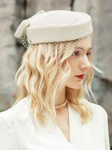 HIMESPORT 2025 Women's Straw Beret Fascinator Hat With Veil & Mesh Detailing - Pillbox Derby Tea Party, Wedding Bride Cocktail Fedora Cap