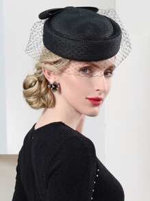 HIMESPORT 2025 Women's Straw Beret Fascinator Hat With Veil & Mesh Detailing - Pillbox Derby Tea Party, Wedding Bride Cocktail Fedora Cap