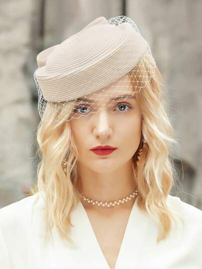 HIMESPORT 2026 女士草编贝雷帽，带面纱和网纱细节 - 药盒帽，适合德比、茶会、教堂、婚礼新娘鸡尾酒会等场合。