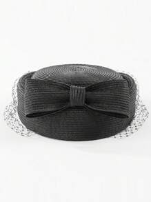 HIMESPORT 2025 Women's Straw Beret Fascinator Hat With Veil & Mesh Detailing - Pillbox Derby Tea Party, Wedding Bride Cocktail Fedora Cap