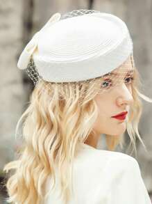 HIMESPORT 2025 Women's Straw Beret Fascinator Hat With Veil & Mesh Detailing - Pillbox Derby Tea Party, Wedding Bride Cocktail Fedora Cap