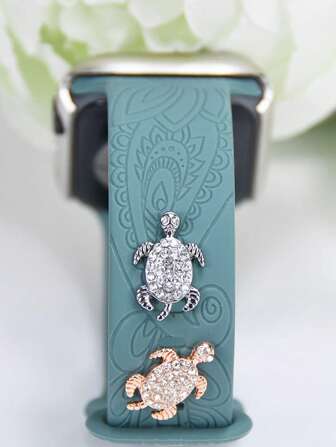 1set/2pcs Silver & Rose Gold Zinc Alloy Turtle Rhinestone Decorated Watch Band Replacement Accessory Fit For 38/40/41/42/44/45/49mm Silicon Watch Band Compatible With Apple Watch Ultra/9/Se/8/7/6/5/4/3/2/1 (Watch Band Not Included)