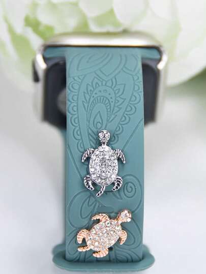 1set/2pcs Silver & Rose Gold Zinc Alloy Turtle Rhinestone Decorated Watch Band Replacement Accessory Fit For 38/40/41/42/44/45/49mm Silicon Watch Band Compatible With Apple Watch Ultra/9/Se/8/7/6/5/4/3/2/1 (Watch Band Not Included)