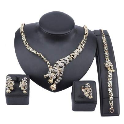 Dubai Gold-Colored Crystal Tiger Jewelry Set For Nigerian Women Including Bridal Necklace, Earrings, Ideal Gift For Clothing & Jewelry, Wedding Dress