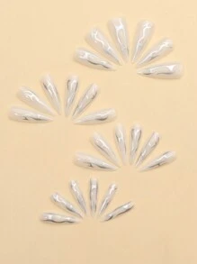 24pcs Press-On Nails With Long Pointy Shape, Silver Stripe Decor, Suitable For Parties. Including 1pc Nail File And 1pc Jelly Glue. Nail Supplies