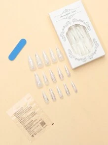 24pcs Press-On Nails With Long Pointy Shape, Silver Stripe Decor, Suitable For Parties. Including 1pc Nail File And 1pc Jelly Glue. Nail Supplies