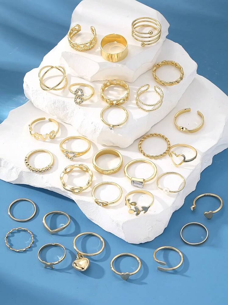 Juego de 27 piezas de anillos de estilo bohemio con diseño de amor para mujeres - Plateado - Añade 2