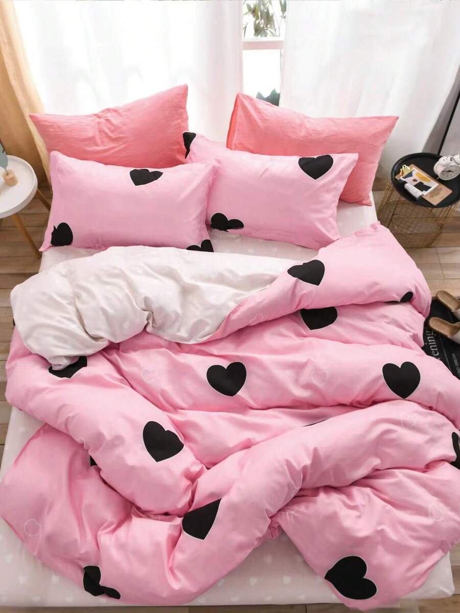 Bộ chăn ga gối hình trái tim màu hồng 3 món (1 vỏ chăn + 2 vỏ gối), mềm mại và thoải mái, phù hợp với giường đôi, giường lớn và giường cỡ lớn, có thể giặt bằng máy, trang trí nhà cửa, quà tặng ngày lễ - Nhiều màu - Xem 1