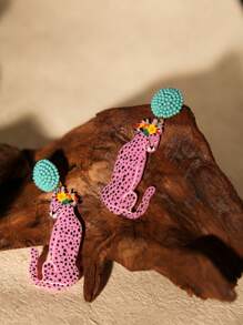 Aretes de declaración - Aretes colgantes de estilo selva tropical hechos a mano con cuentas, con acrílicode leopardo rosa y amarillo - Regalo perfecto para Día de los Enamorados, pareja o amigos, adecuado para vacaciones de verano, fiestas en la playa o festivales de música - rosa - Ver 4