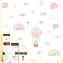 1Set Baby Girls Room Wall Decals Hot Air Balloon Wall Stickers Moon Star Clouds Balloons Pink Peel And Stick Baby Nursery Girls Bedroom Toddler Room Wall Decorbaby Shower Family Decorations Gifts - Pink - View 6