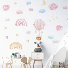 1Set Baby Girls Room Wall Decals Hot Air Balloon Wall Stickers Moon Star Clouds Balloons Pink Peel And Stick Baby Nursery Girls Bedroom Toddler Room Wall Decorbaby Shower Family Decorations Gifts - Pink - View 1