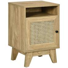 HOMCOM Bedside Table Nightstand With Storage Shelf And Door Cupboard, Side End Table With Rattan Element For Living Room, Bedroom, Natural - Natural Oak - View 8