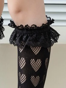 1 Pair Baby/Toddler Girl Lace Trim Hollow Out Heart Design Breathable Soft Classic Fashion Crew Socks, Suitable For Daily Life, Valentine's Day, Holidays, And Back To School - Black - View 4