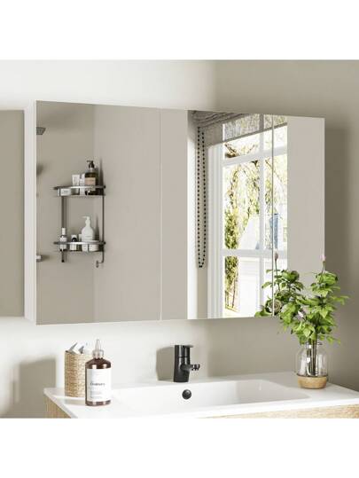 Bathroom Vanity Unit Mirror, Wand Mounted Spiegel Cabinet, Mirrored Doors, White, 87.5 60 15.5 Cm