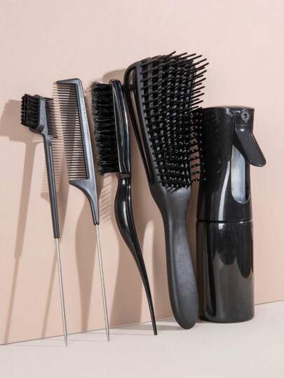 WANMEI 5pcs Hair Styling Brush Set, Including Edge Control Brush, Teasing Brush, Styling Tail Comb, Volumizing Ponytail Brush, Eyebrow Brush, Makeup Brush, Eyelash Comb, Eyelash Separator, Eyelash Extension Tool, Women Beauty Tools, Makeup Brushes, 3-In-1 Edge Styler Brush (Plastic Material), Suitable For Thick Curly Hair Or Tangled Hair Extensions, Combs, Hair Brush, Edge Brush, Detangling Brush, Ball Brush, Mini Brush, Brush Set