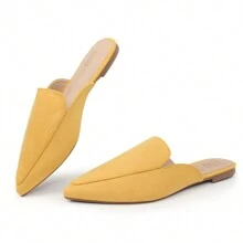 Women's Backless Slip On Slides Comfortable Loafer Shoes Suede Flats Pointed Toe Mules - Yellow - View 2