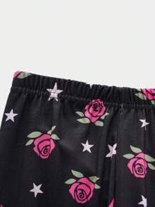 2入組適合青少年女孩的緊身花朵＆月亮印花短袖上衣和長褲夏季睡衣套裝附夜燈 - 黑色 - 查看 5