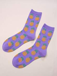 1pair Men's Purple Pineapple Fruit Cartoon Personalized Mid-Calf Socks - Purple - View 3