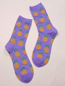 1pair Men's Purple Pineapple Fruit Cartoon Personalized Mid-Calf Socks - Purple - View 2