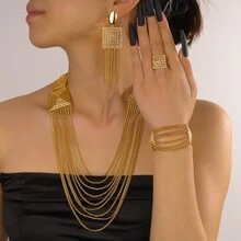 5入組多層手工頸鍊套裝,沙烏地阿拉伯24k金迪拜非洲新娘頸鍊耳環戒指手鐲,女士派對珠寶禮物,適用於母親和朋友 - 金黃色 - 查看 9