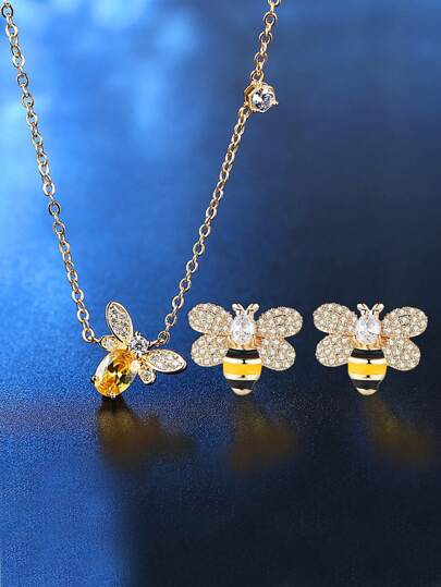 1 Conjunto Joia de Cobre de Temperamento Requintado, Lindo Brinco de Pino de Abelha Pequena e Colar como Presente de Aniversário para Namorada