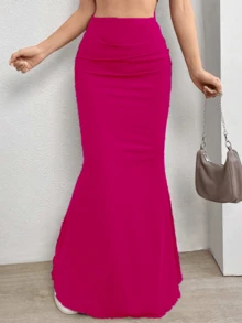 Falda Corte De Sirena Ajustado Larga De moda - Rosa Fucsia - Ver 3