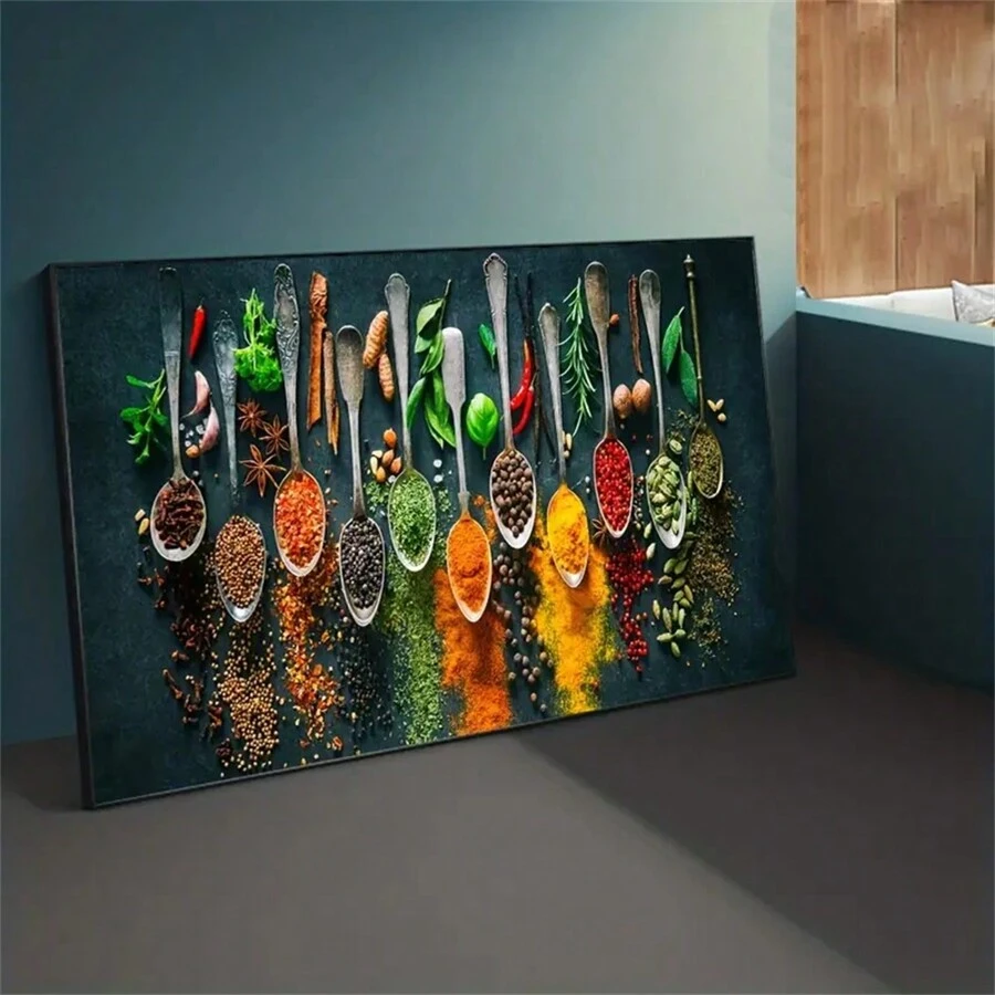 1入組廚房牆壁海報,藥草香料圖案 - 無框畫布畫,完美的廚房裝飾和烹飪靈感來源 - 彩色 - 查看 1