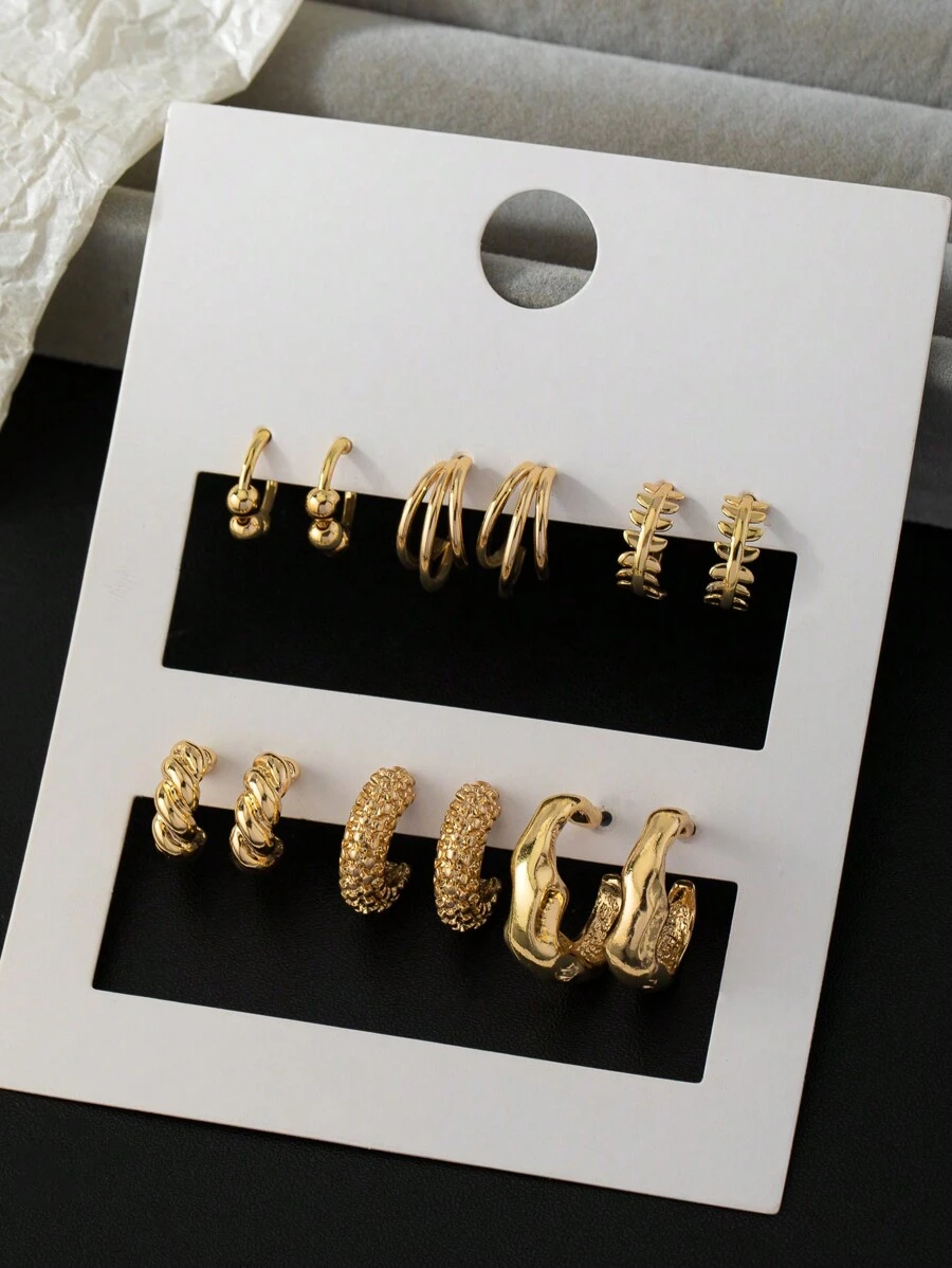 6 Pairs Geometric Creative Fashion Minimalist Everyday Delicate Small Earrings For Women, Suitable For Daily Wear - Yellow Gold - View 1
