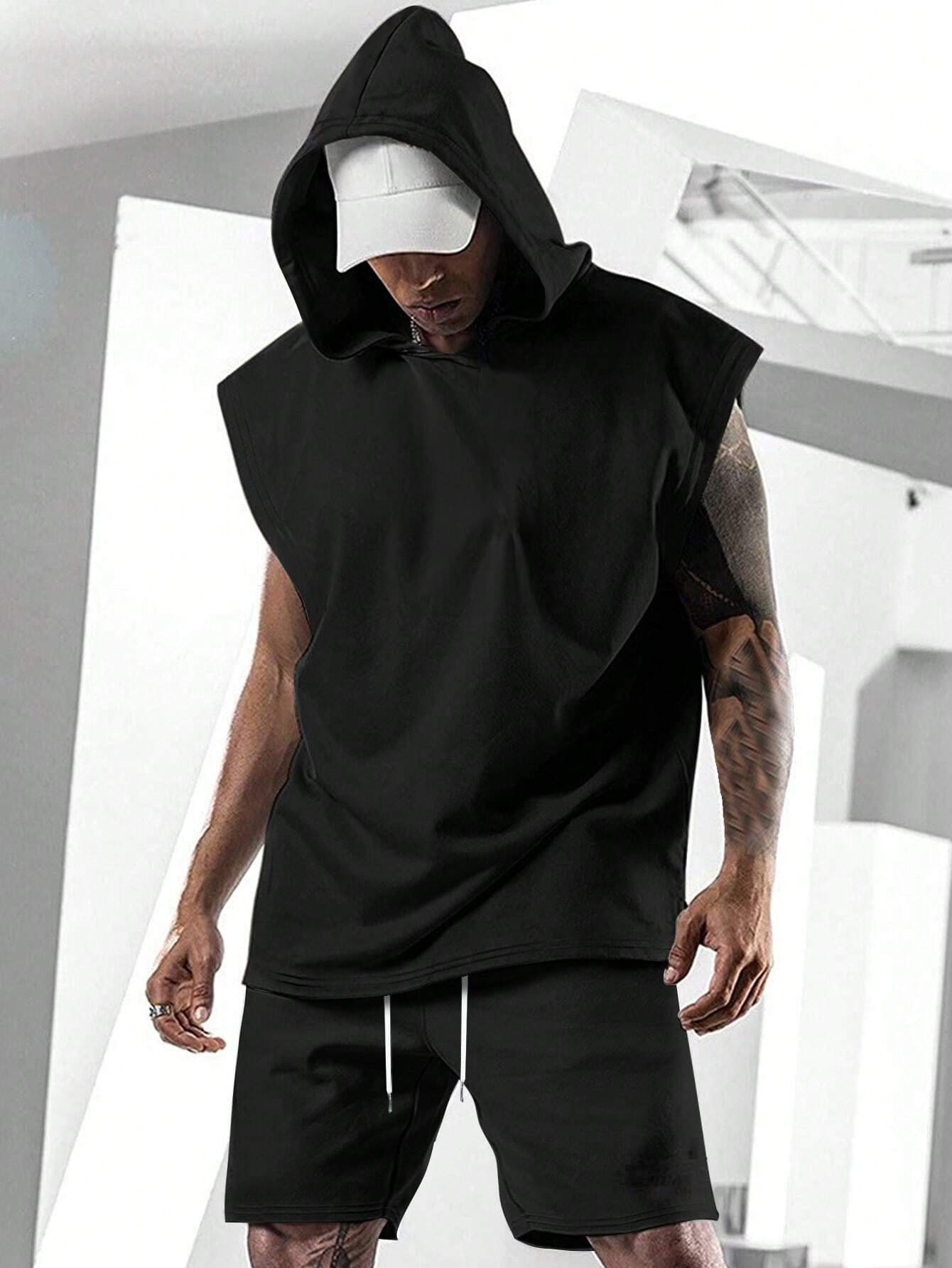 Camiseta sin mangas con capucha para hombre, estilo deportivo y casual para gimnasio - Negro - Ver 1