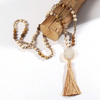 1pc Spring/Summer New Bohemian Vacation Style 8mm Natural Stone Beaded Necklace With Tassel For Women Daily Wear