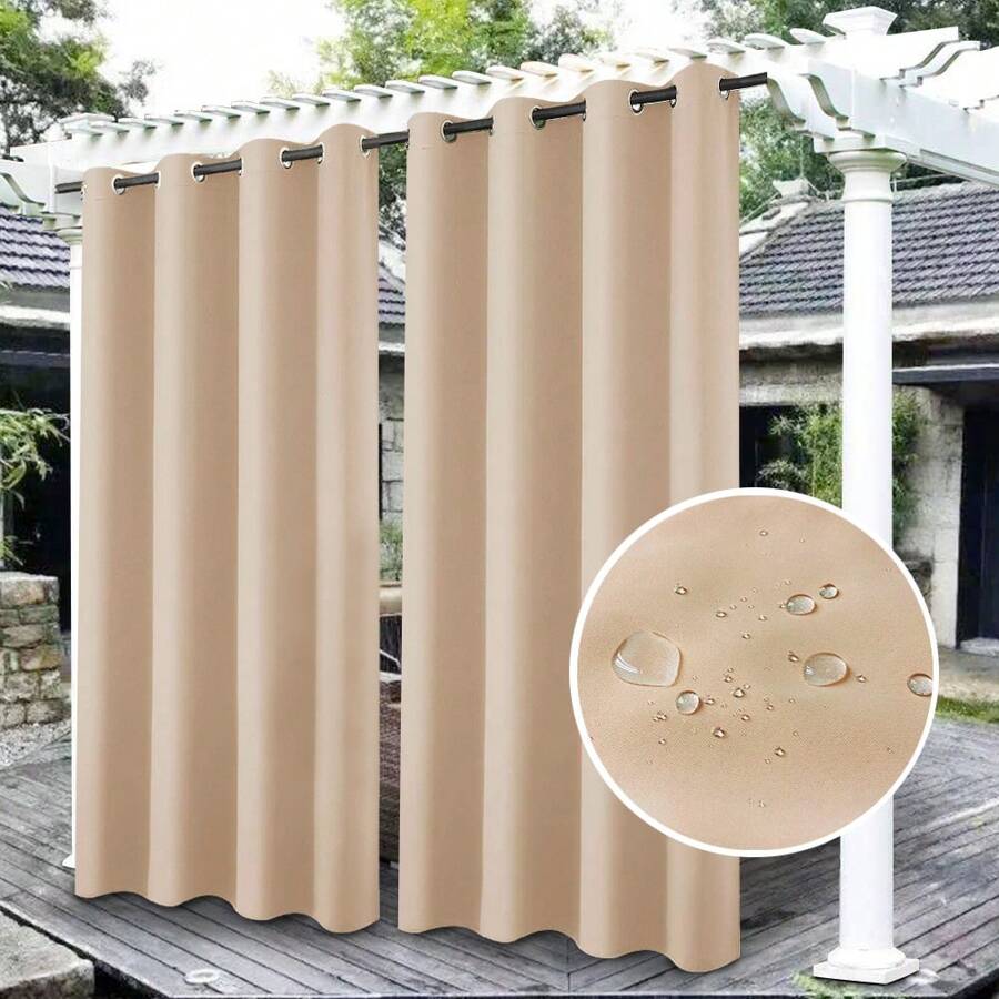 Waterproof Outdoor Blackout Curtains Patio Thermal Insulated Sun Blocking Drapes Curtain Privacy For Outside Garden Porch Pergola Yard Pool - Apricot - View 1